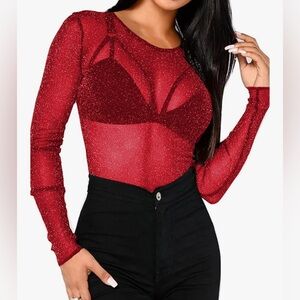 Red glitter stretchy mesh long-sleeved crop top. Size small. BelleLovin.